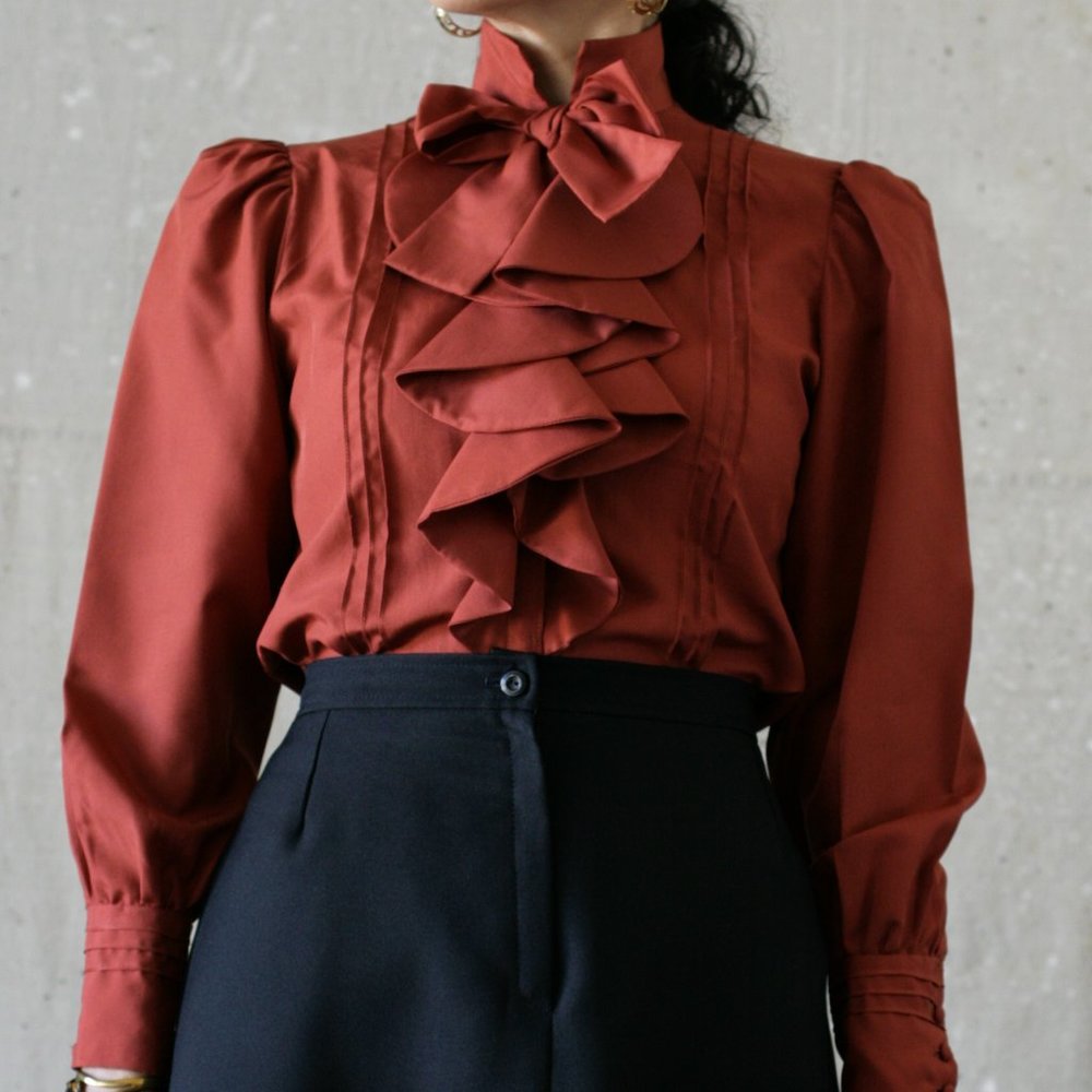 70's Rust Bow Ruffled Secretary Blouse/Pintuck/Button Up/Handmade - Picture 3 of 10